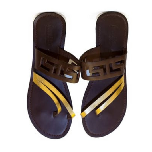 Halogen laser sandals in Brown smooth leather and gold foil straps