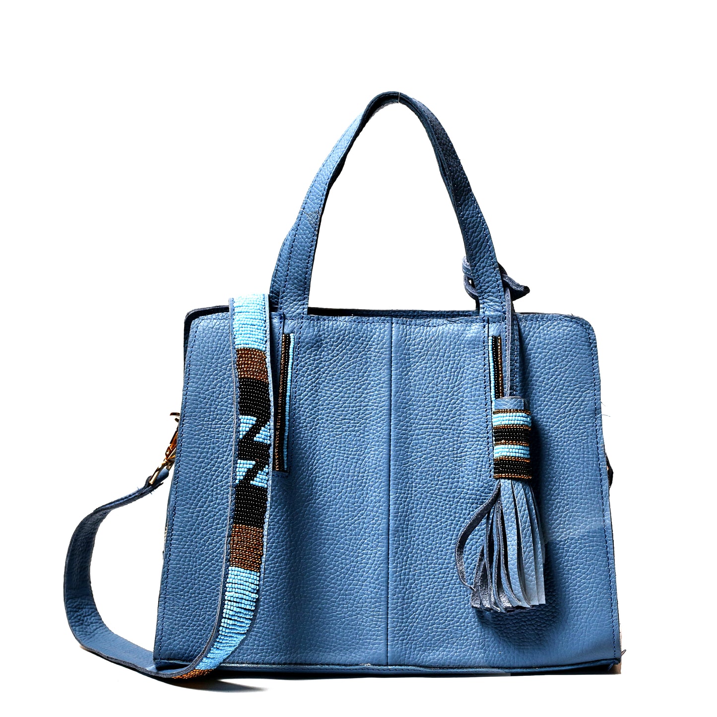 Kate bag in Galaxy blue milled leather and with Maasai beaded strap.