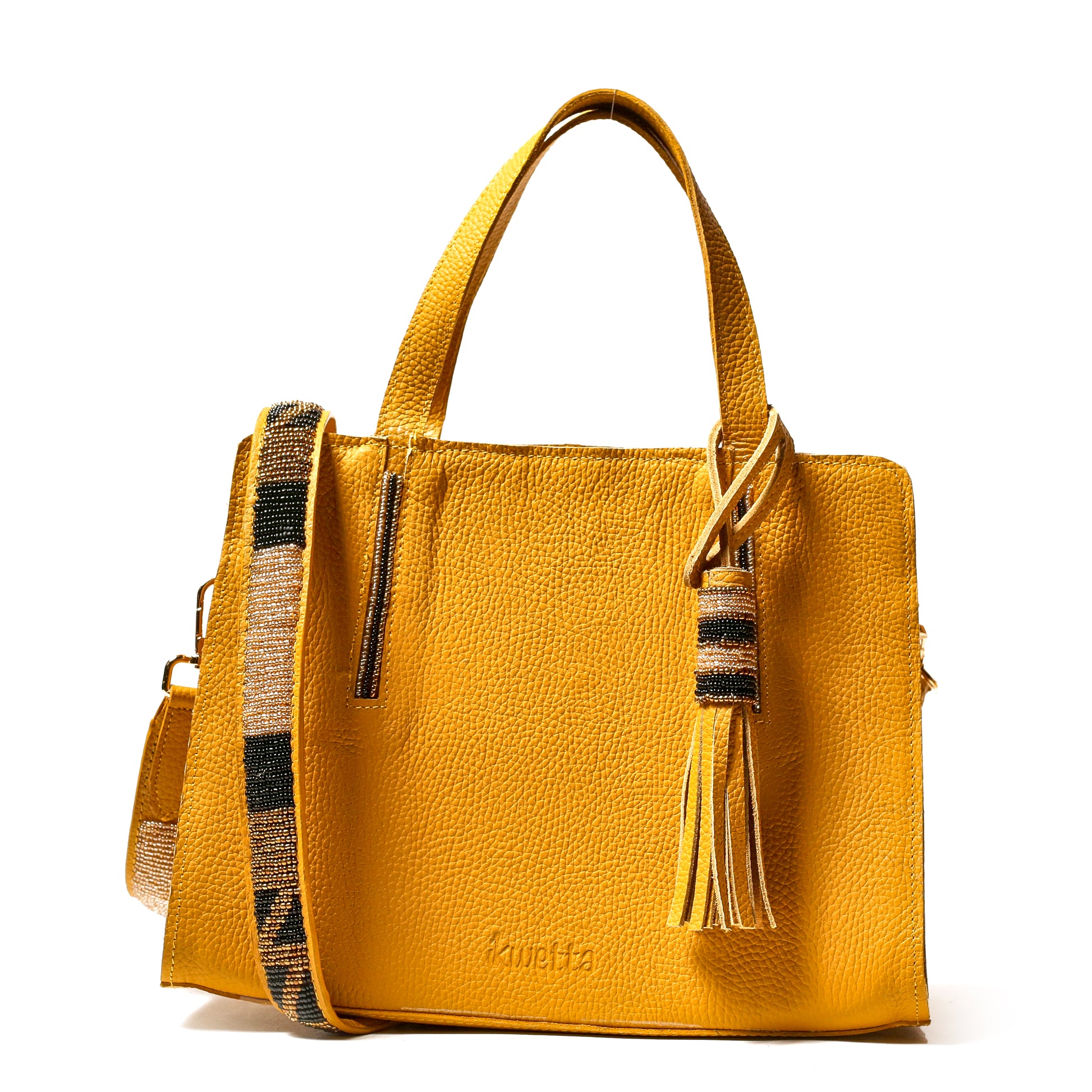 Kate bag in Golden yellow milled leather and with Maasai beaded strap.