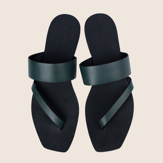 Tahiti sandals in green smooth leather and black leather sole