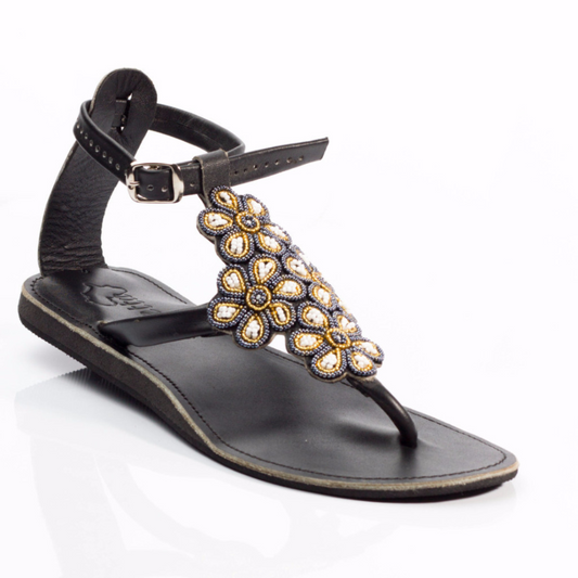Dose of daisy sandals in black smooth and Maasai beaded upper strap
