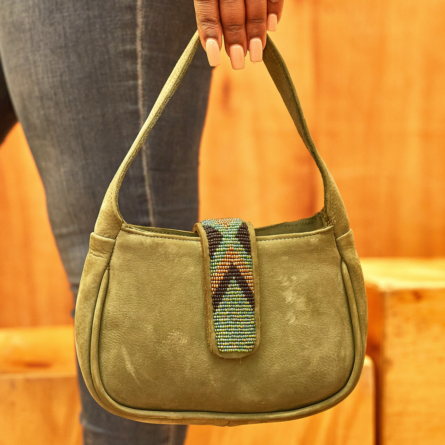 Handmade Kenyan leather bag with beaded flap in Olive Hunting suede