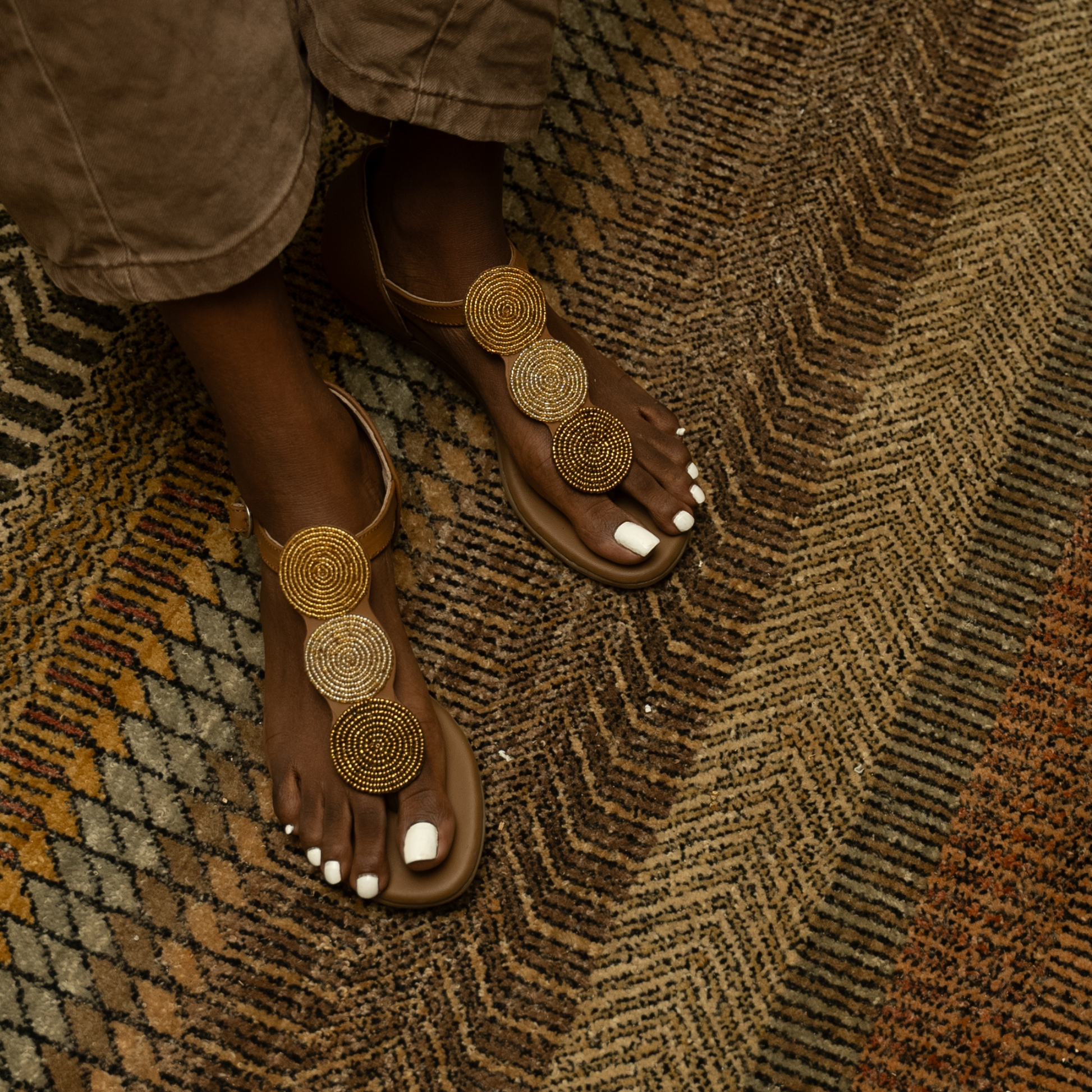 Khadija sandals made with honey smooth leather, beaded upper strap and comfort sole.