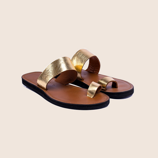 Francisca sandals in caramel smooth leather insole, gold foil upper and rubber sole