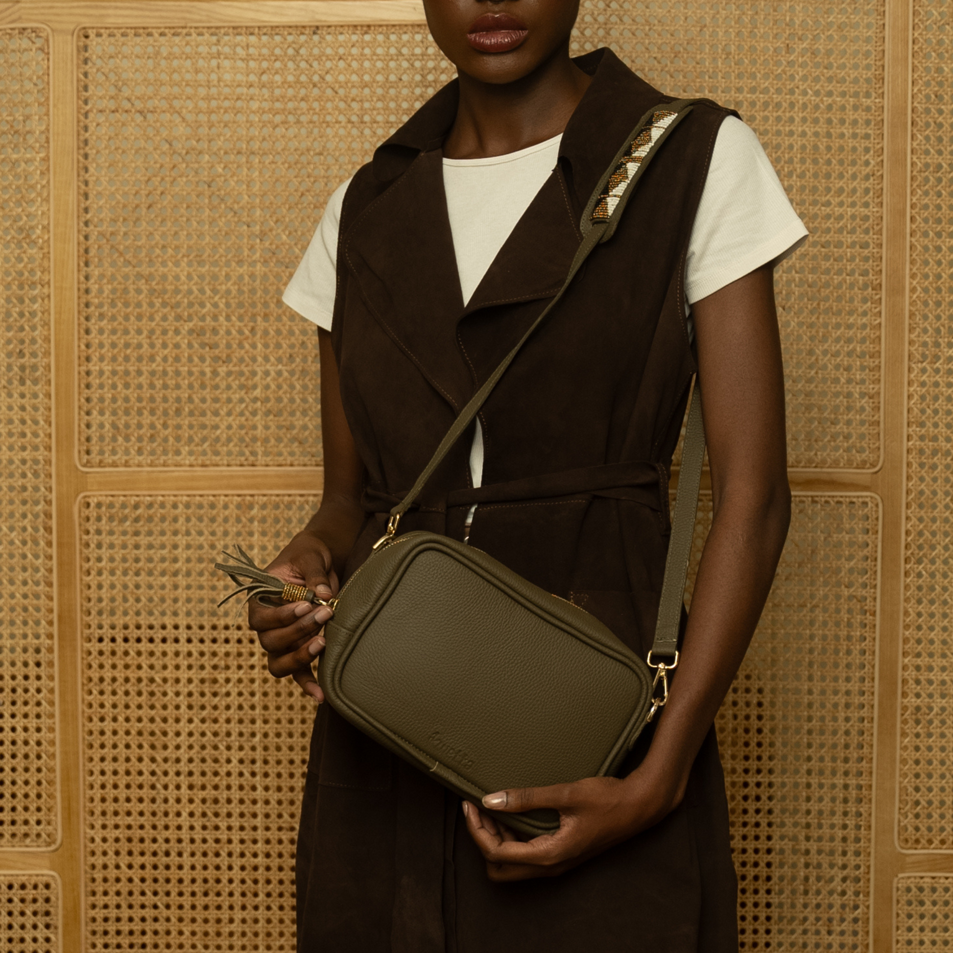 Robin Crossbody in Olive Milled Leather with Maasai beaded Bag strap