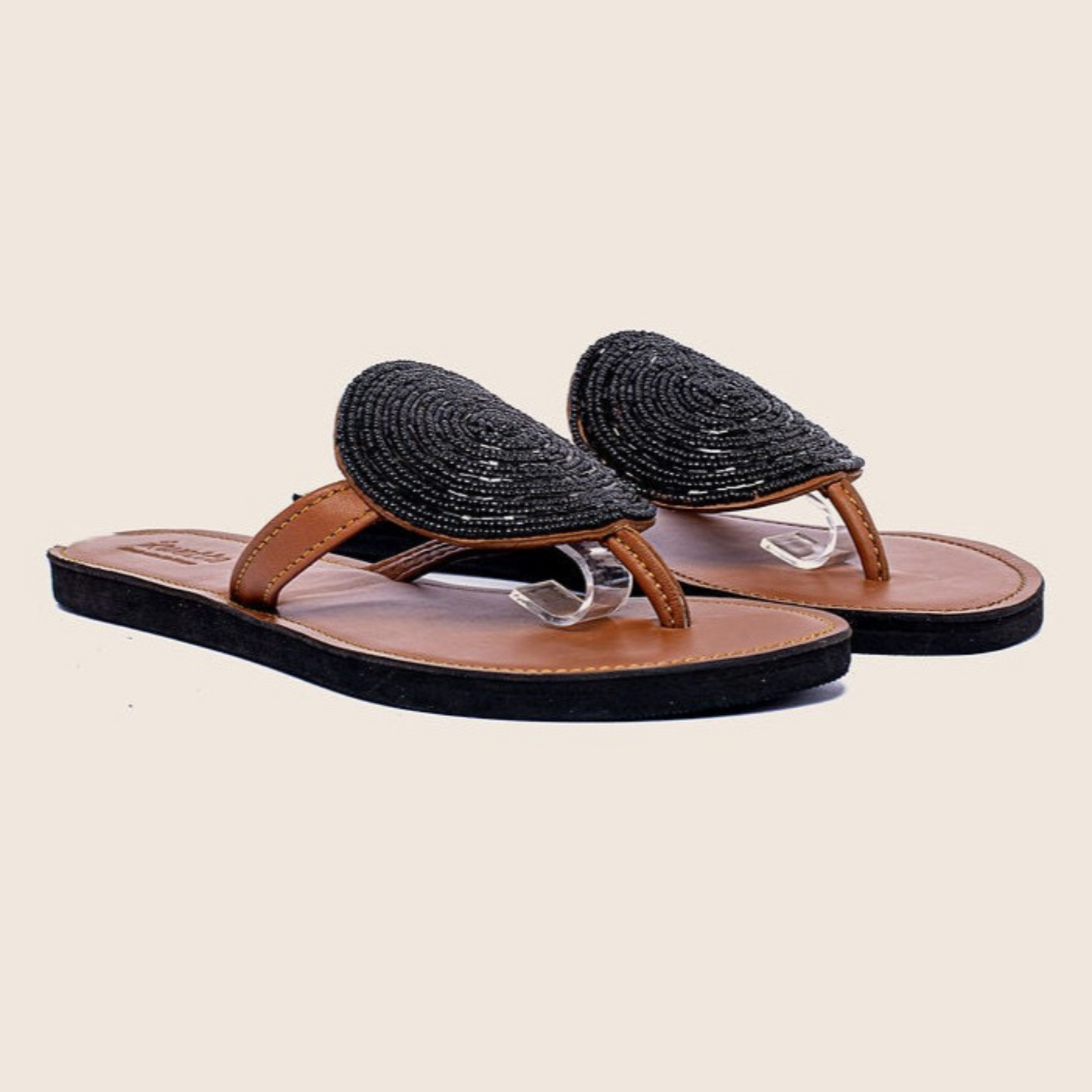 Malindi sandals in Caramel smooth leather with black Maasai beads.