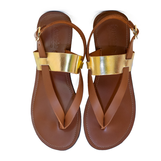 Brizo sandals in caramel smooth leather with gold foil