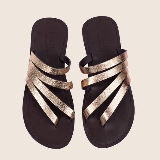 Rocher sandals in Chocolate brown smooth leather and gold foil straps
