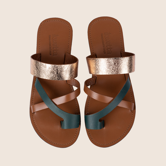 Toe cross halogen(green) with caramel, green and gold foil straps.