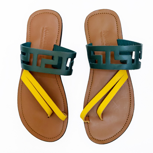 Rhea sandals with caramel smooth leather, green and yellow smooth leather straps