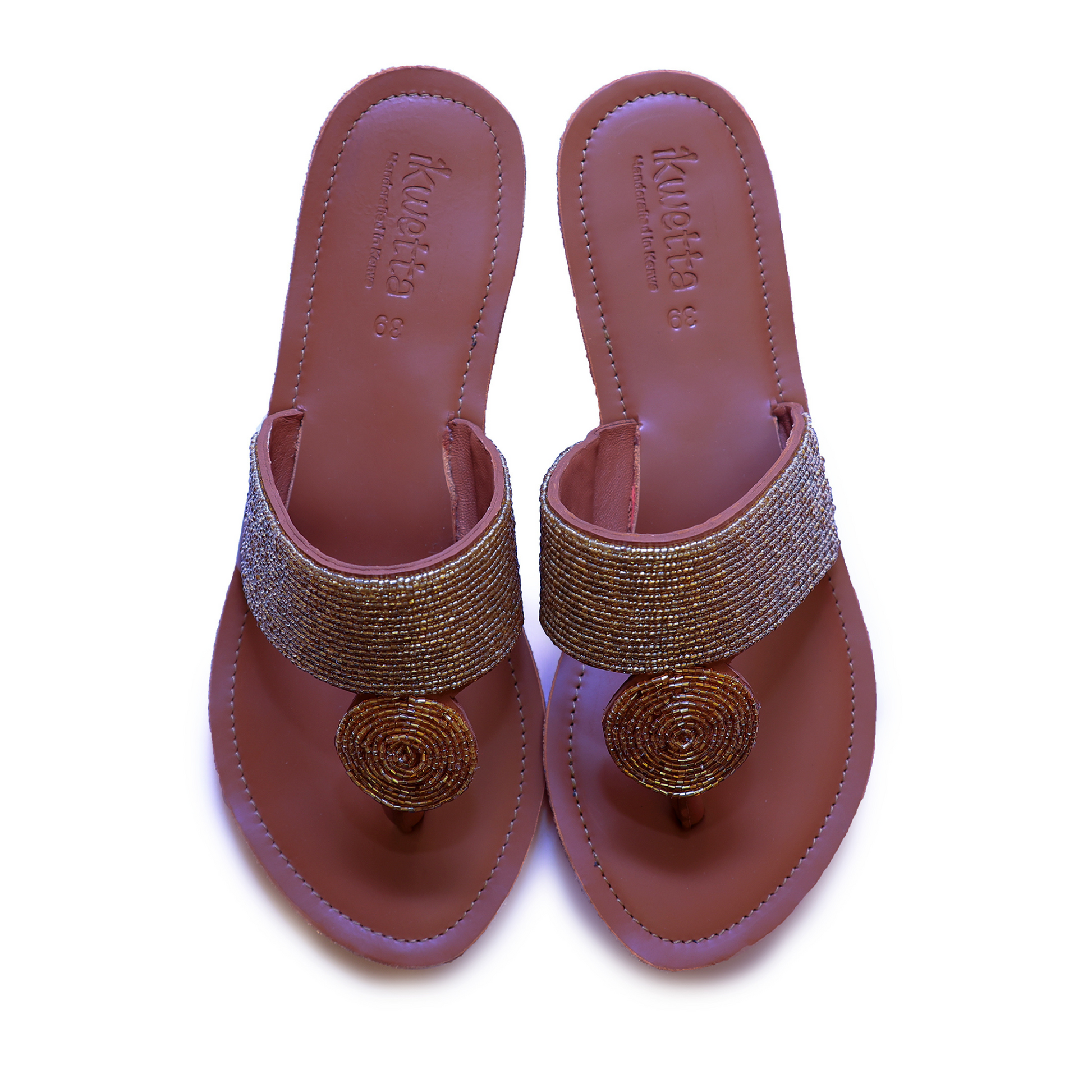 Amboseli sandals in caramel smooth leather and Maasai beaded upper