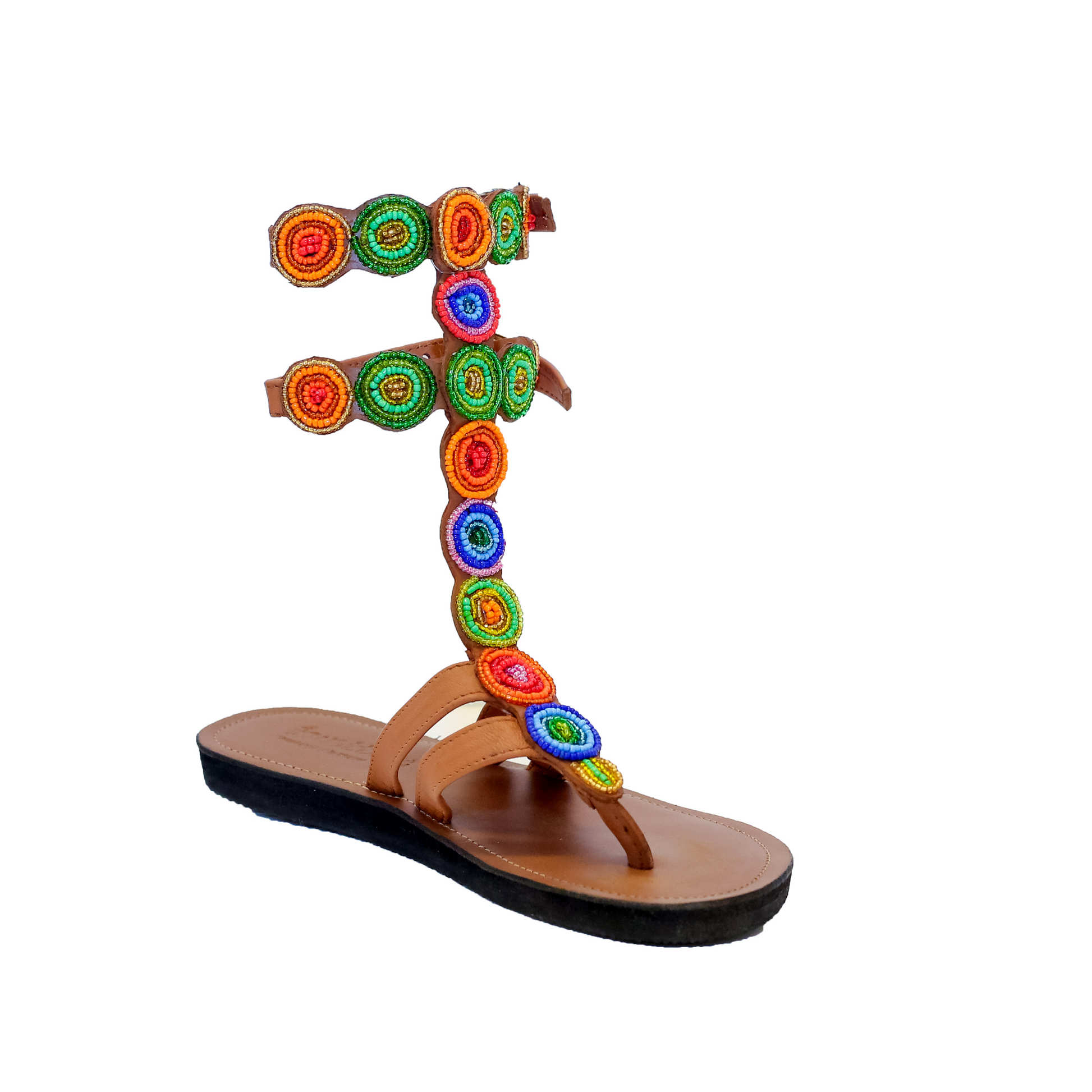 Fighter olympus gladiator sandals in caramel smooth leather with Maasai beaded straps