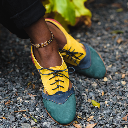 Alicia air with green, yellow and Roseberry hunting suede
