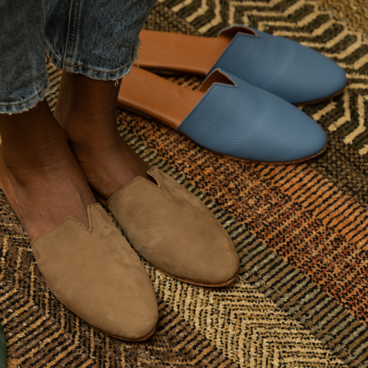 Maya mules in caramel hunting suede and galaxy blue milled leather