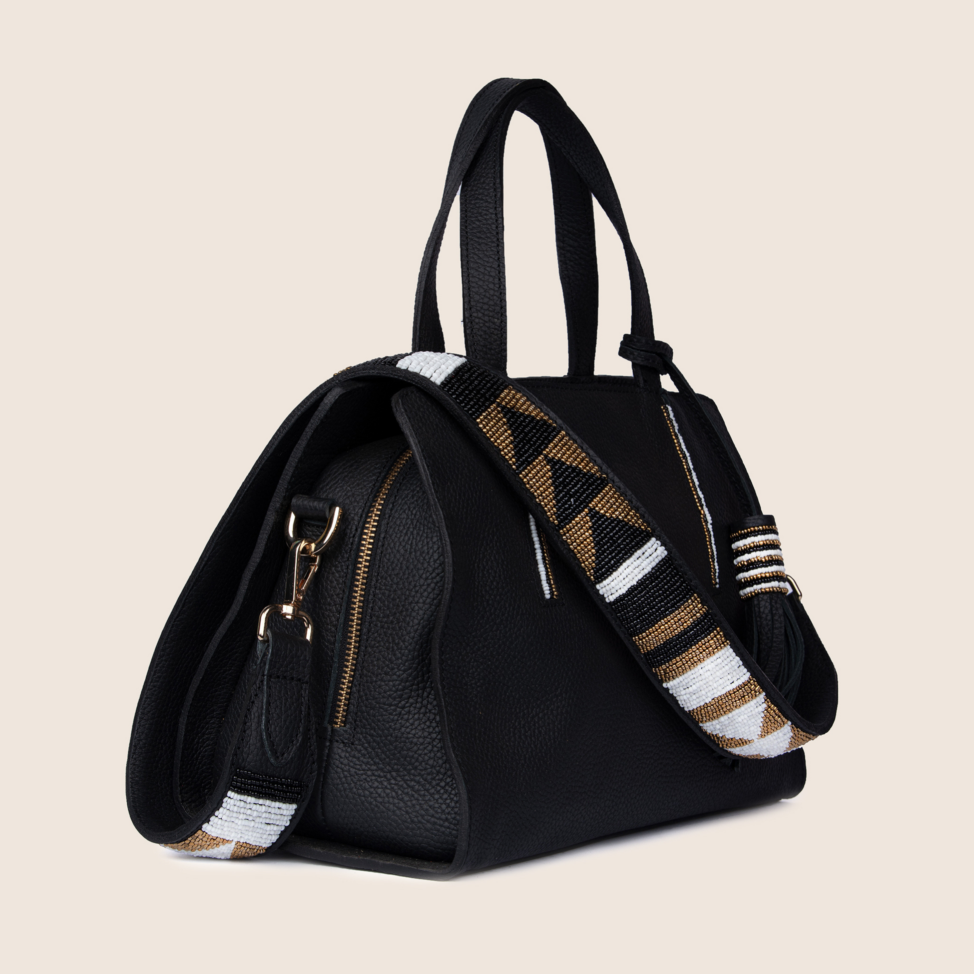 Kate bag in black milled leather and with Maasai beaded strap.