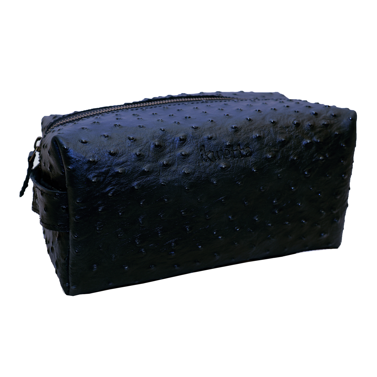 Travel case in black ostrich print leather