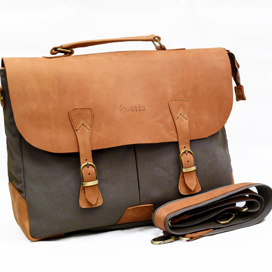 Gentlemen briefcase in tan oil pull up and canvas with adjustable shoulder strap