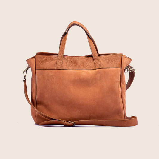 Firyali tote in Sugar almond hunting suede and natural milled leather with adjustable shoulder strap
