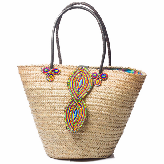 Kikoy beach bag with sisal, leather top handles and Maasai beaded flap