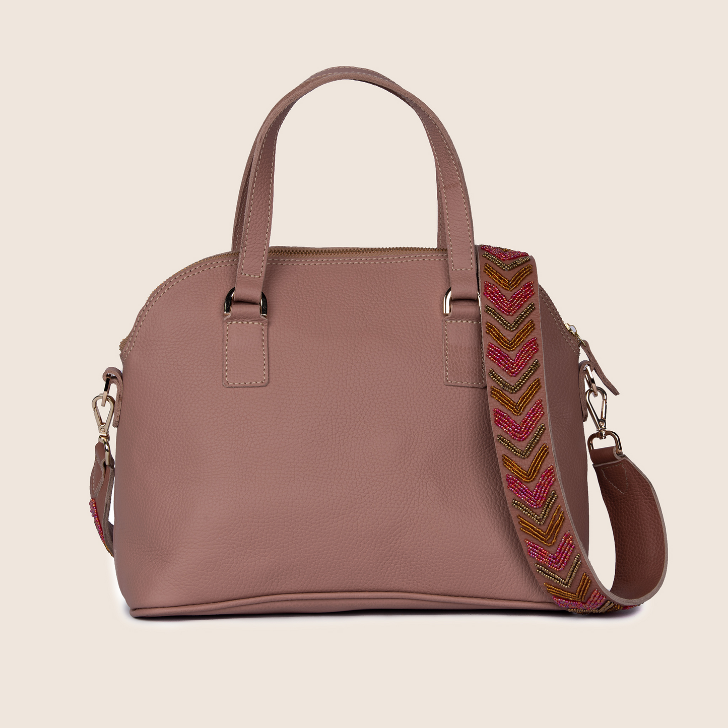 Spade bag in nude milled leather and with Maasai beaded adjustable shoulder strap
