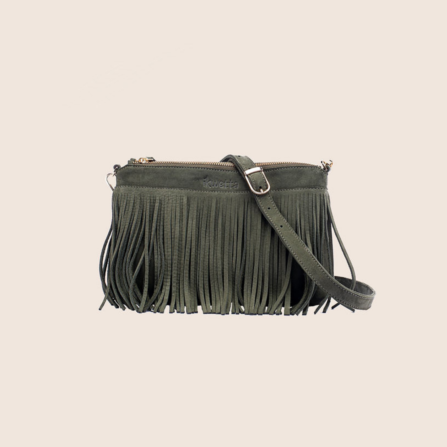 Fringe crossbody in olive hunting suede with adjustable crossbody strap