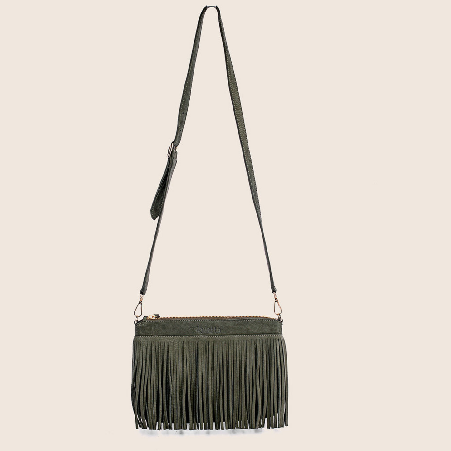 Fringe crossbody handcrafted in olive green hunting suede