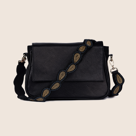 Providence bag in black smooth leather with Maasai beaded crossbody strap 