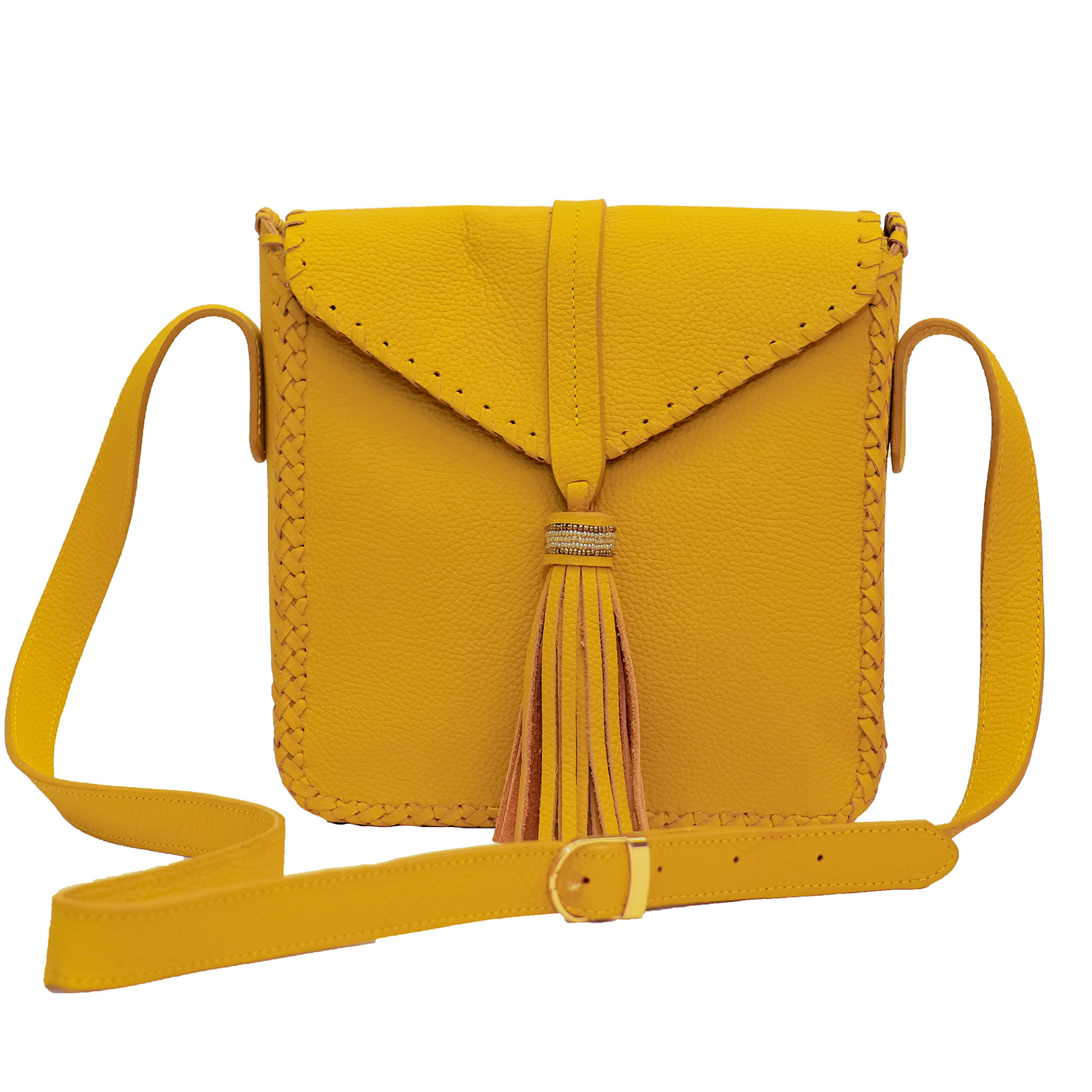 Mawimbi bag in yellow milled leather with adjustable crossbody strap