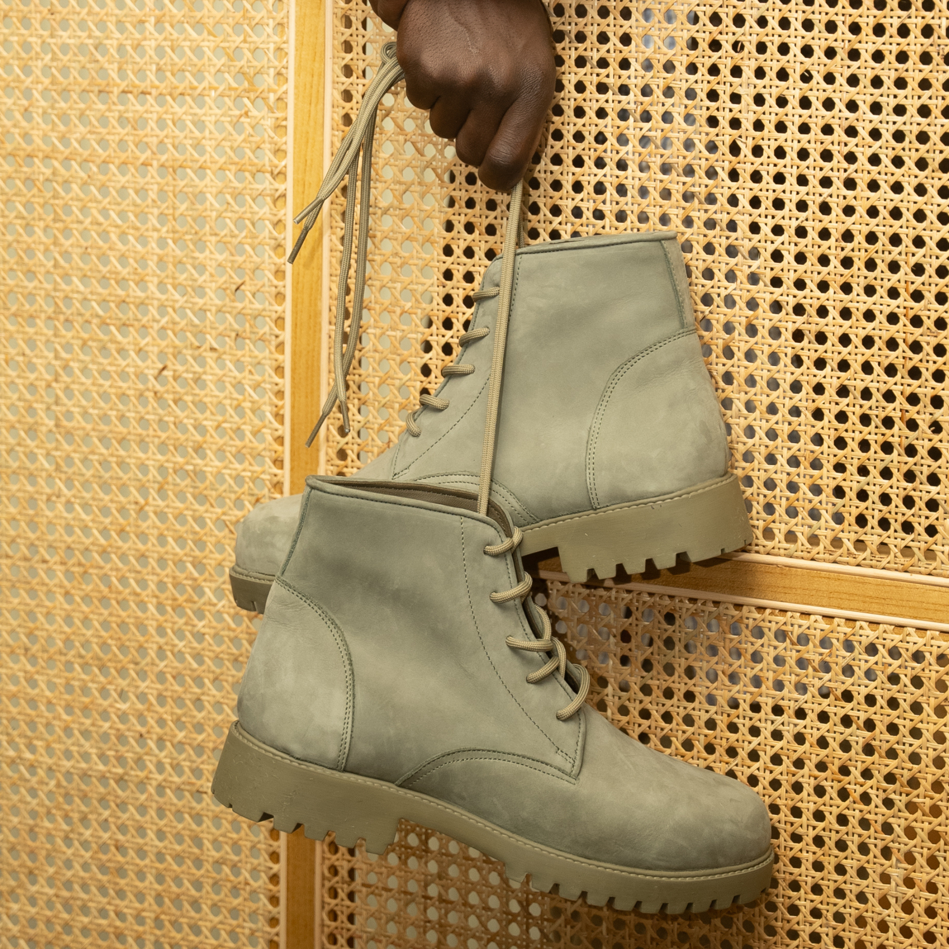 The mara boot in olive nubuck leather and aspen soles