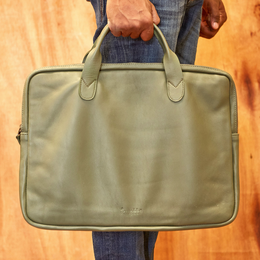 Made in Kenya leather laptop bag in bronze green.