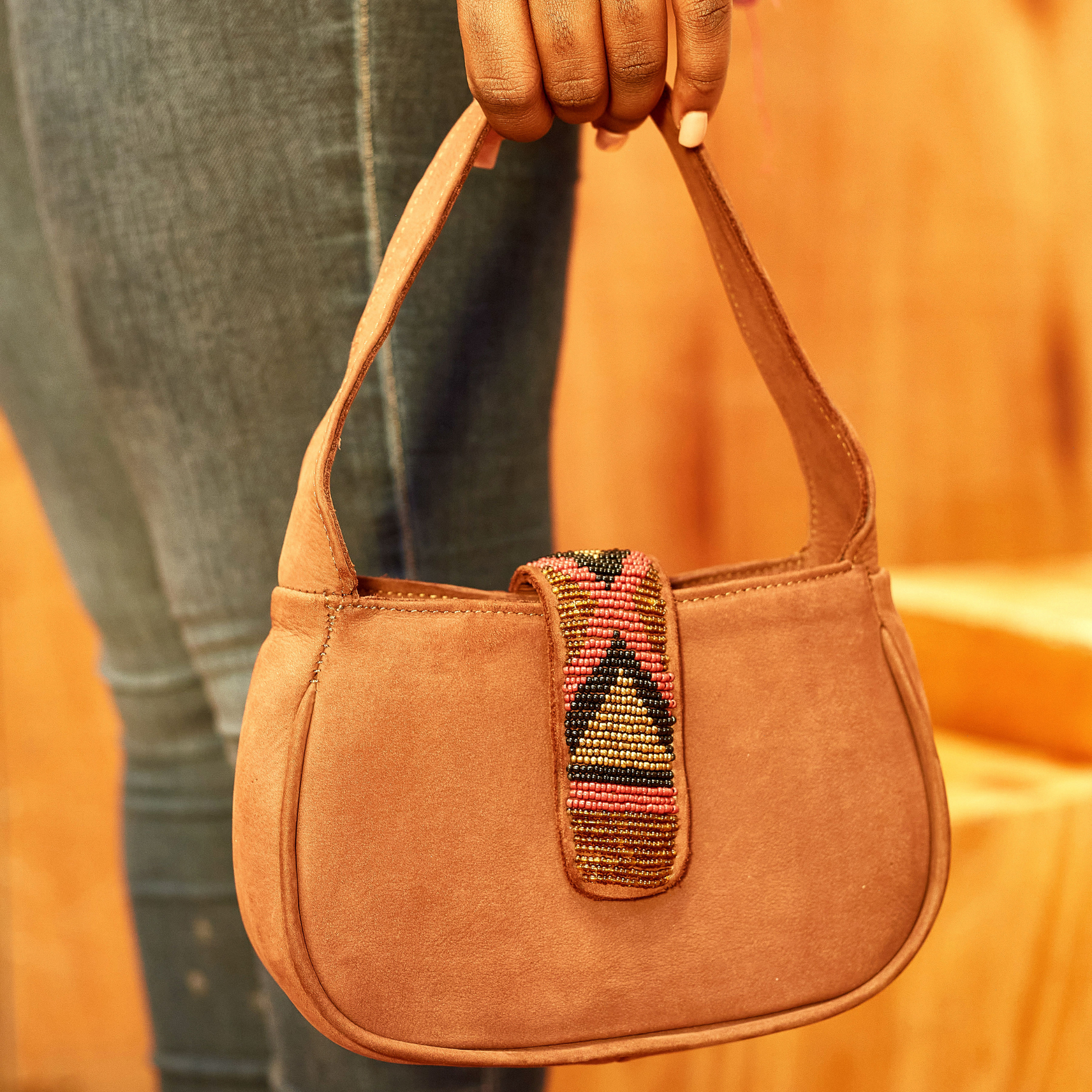 Handmade Kenyan leather bag with beaded flap in Rocky road Hunting suede