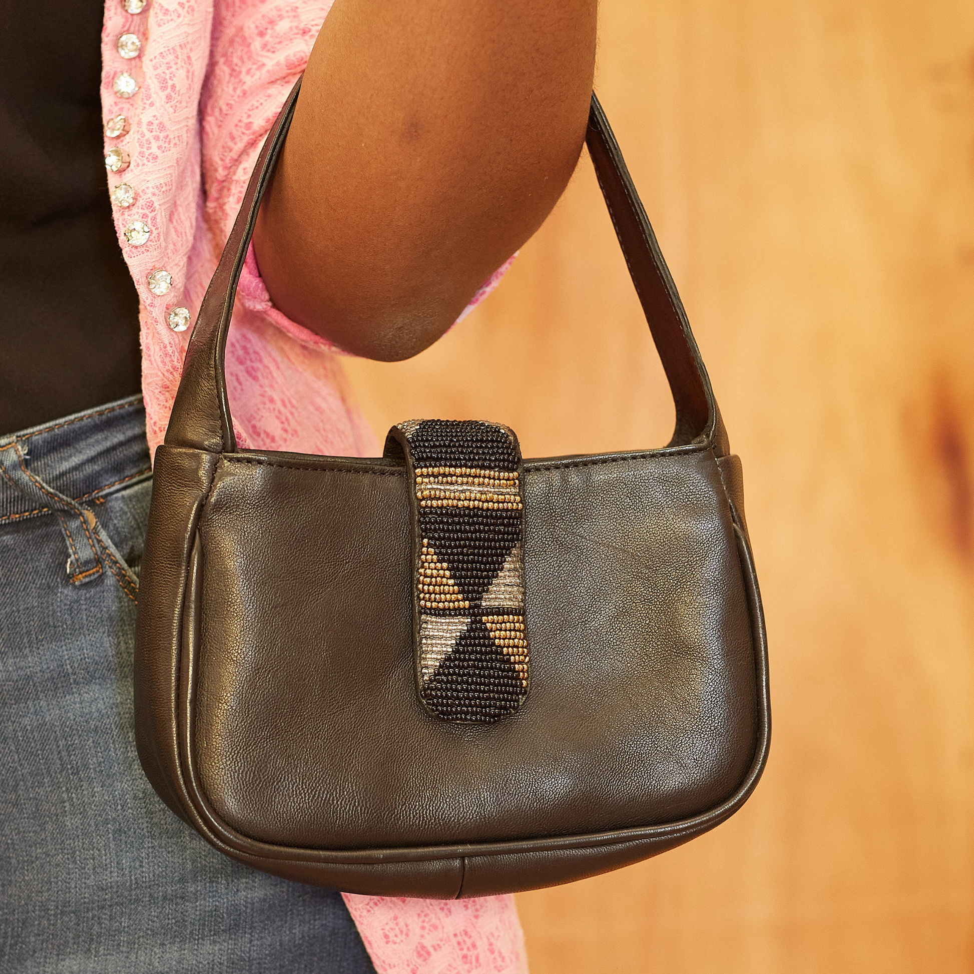 Handmade Kenyan leather bag with beaded flap black savannah.