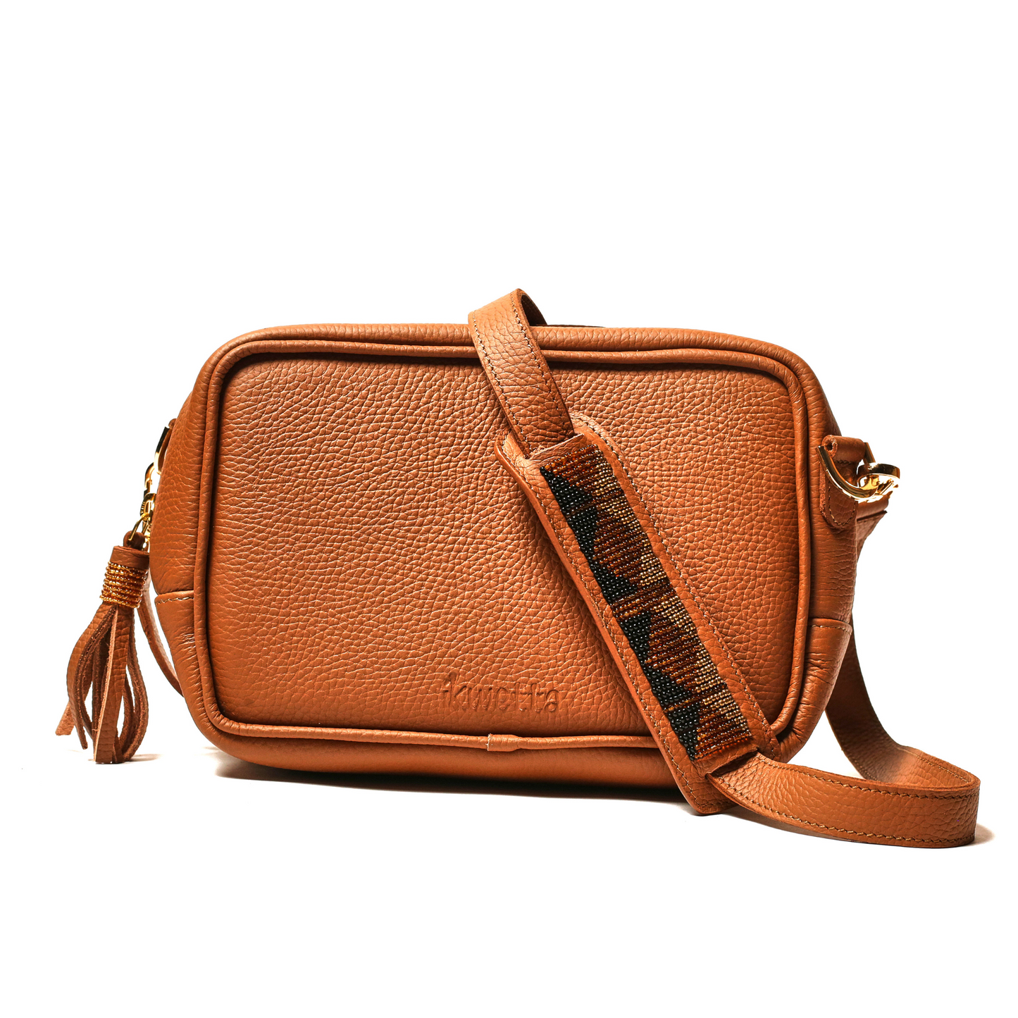 Robin Crossbody in Sugar Almond Milled Leather with Maasai beaded Bag strap