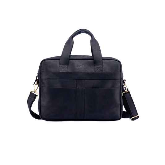 Diamond laptop bag in black oil leather with adjustable shoulder strap