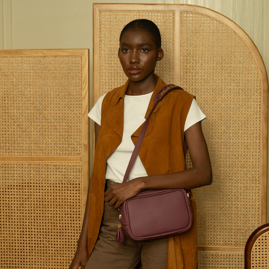 Robin Crossbody in Firebrick Milled Leather with Maasai beaded Bag strap