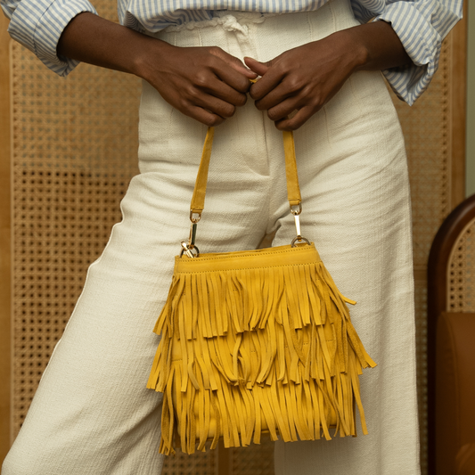 Fringe bucked in Golden yellow hunting suede with removable crossbody straps