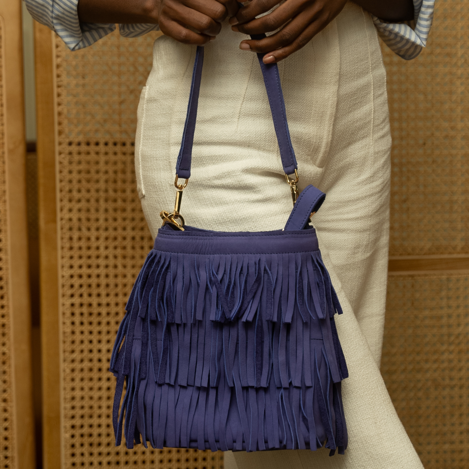 Fringe bucked in Veri peri hunting suede with removable crossbody straps