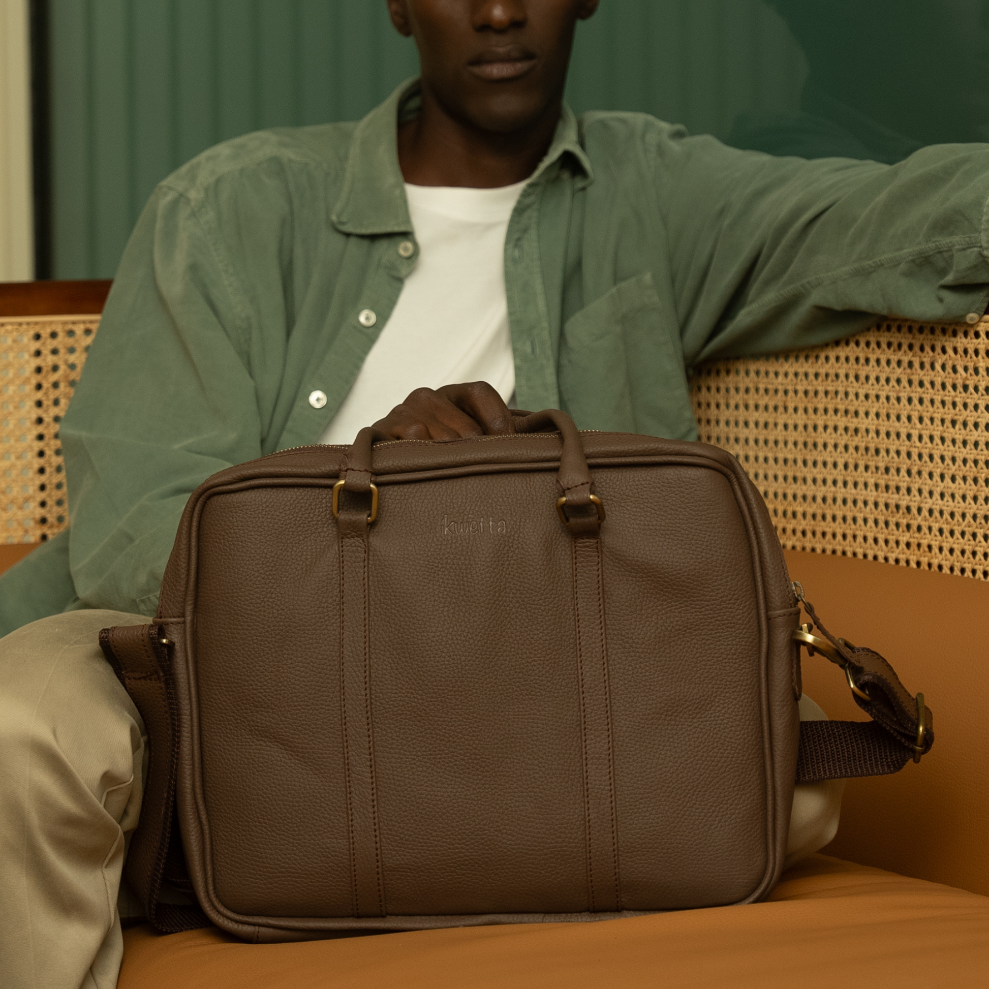 Cory laptop bag in Rocky road milled leather with adjustable shoulder strap