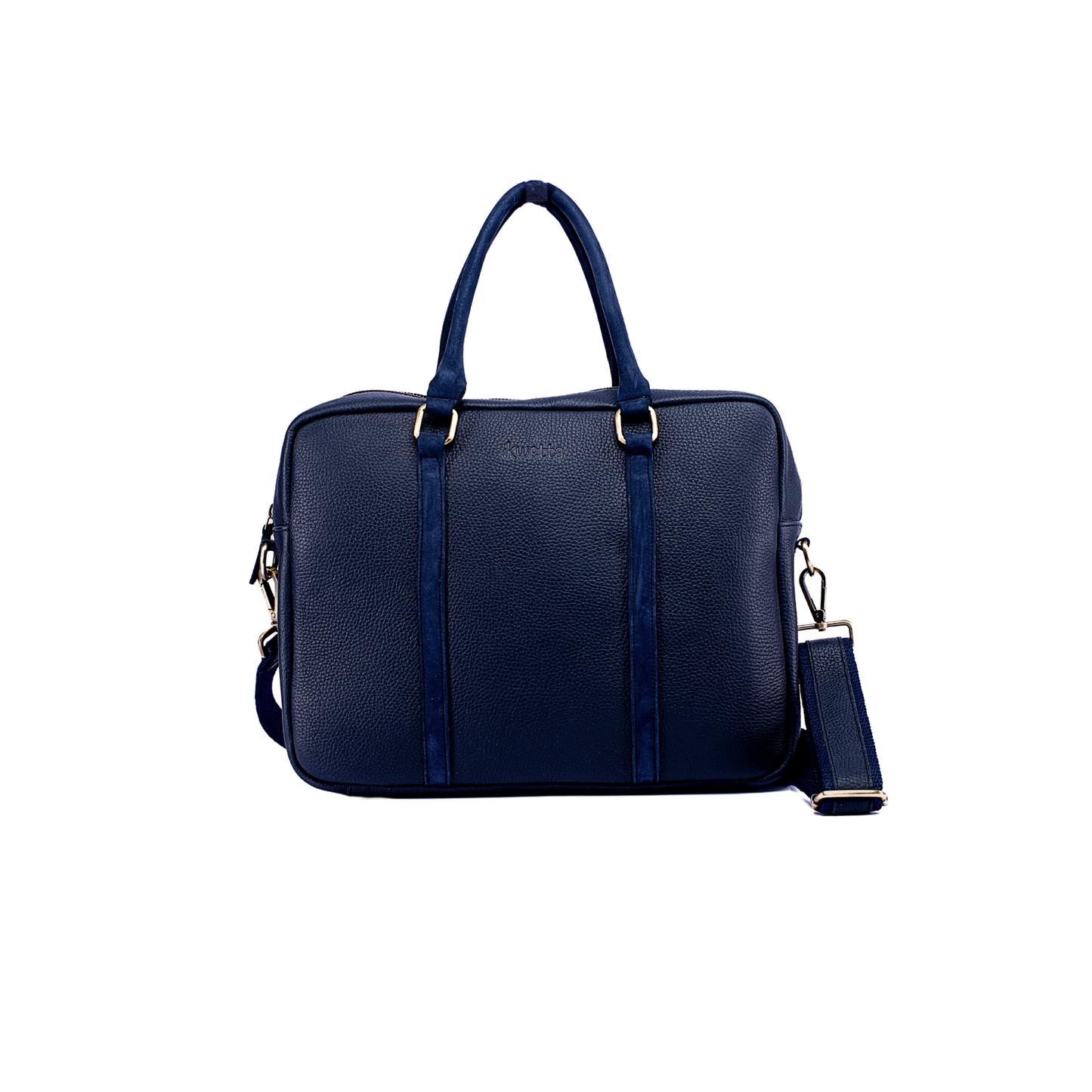 Cory laptop bag in Navy blue milled leather with adjustable shoulder strap