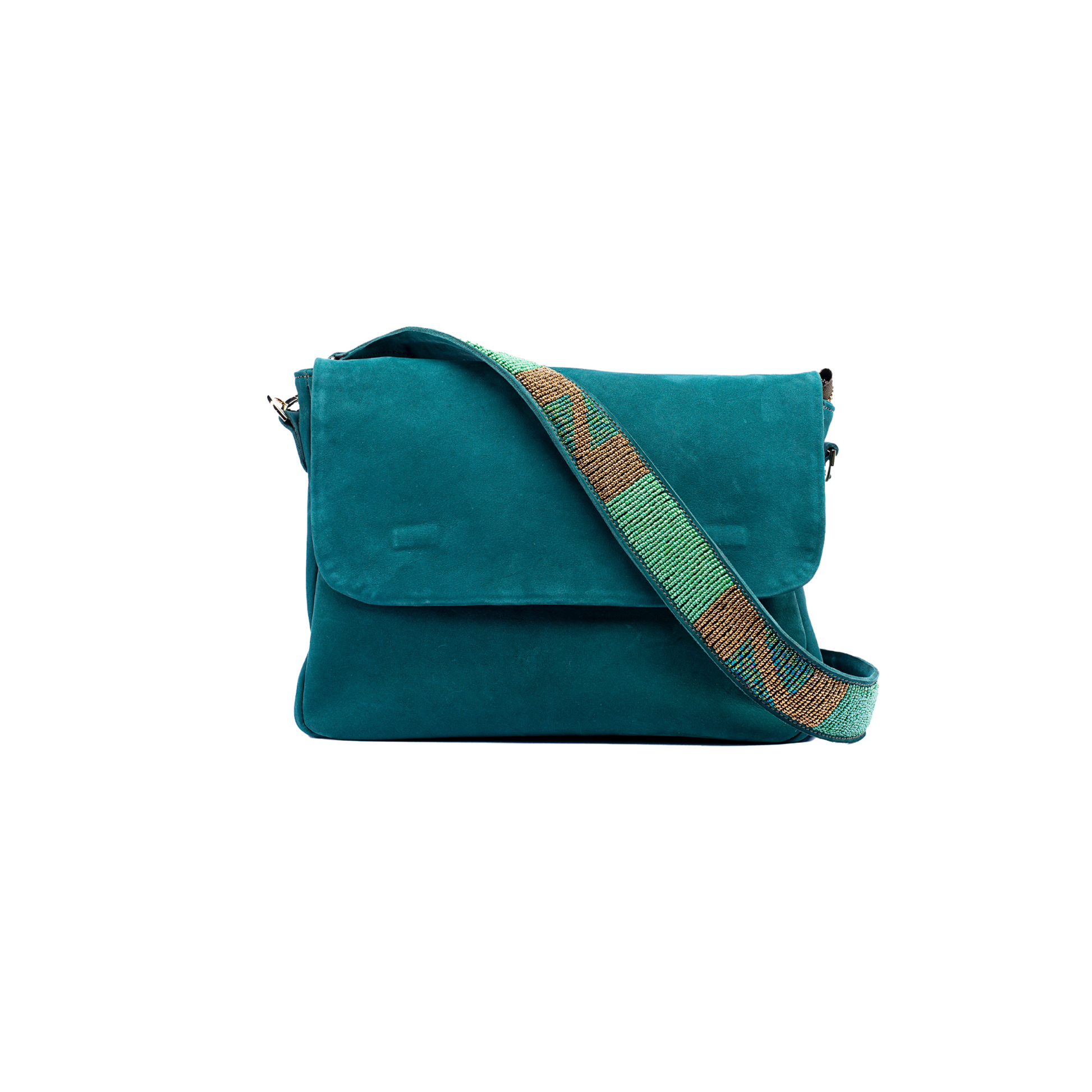 RIa evening bag in teal hunting suede maasai beaded bag strap