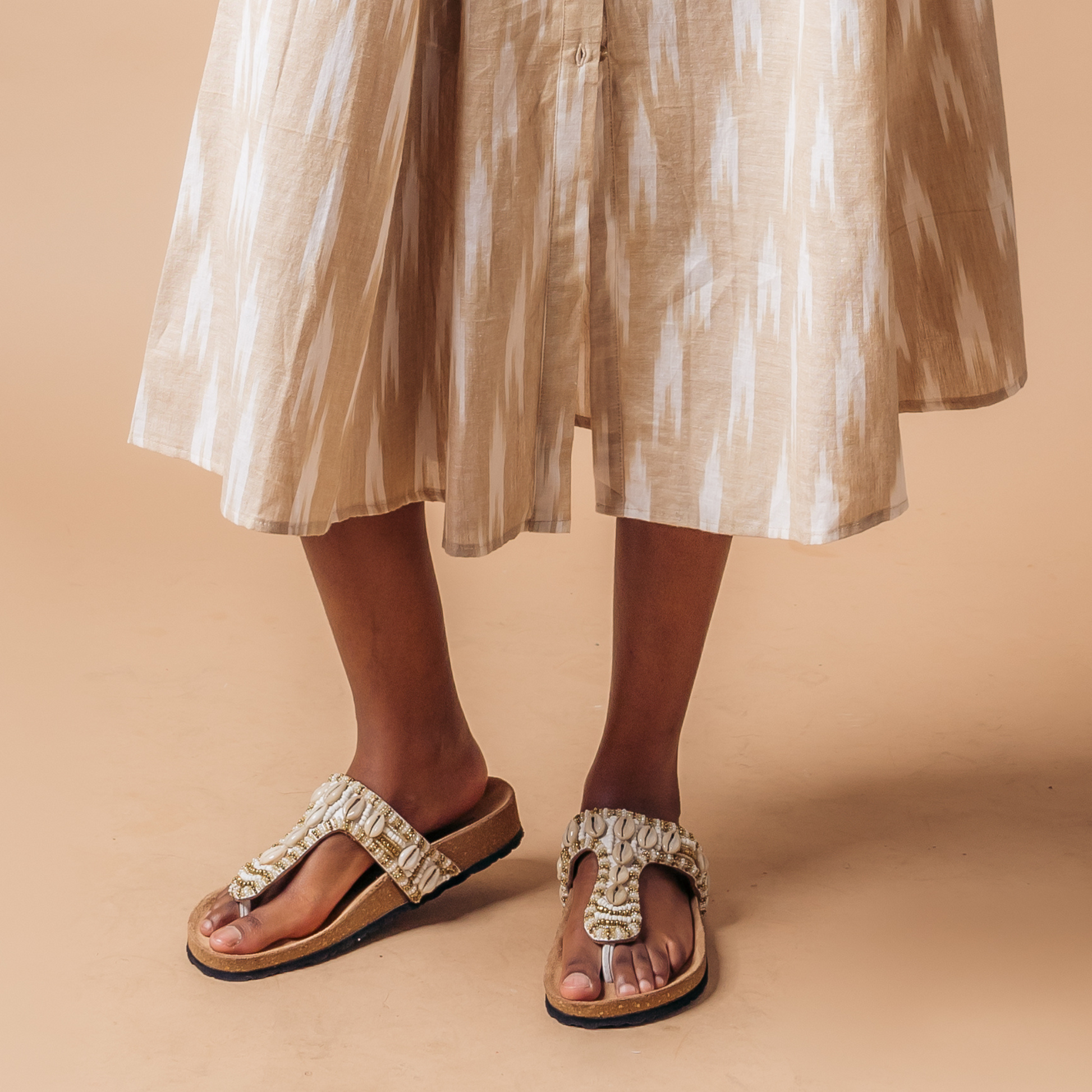 Ayana white cork sandal with cork footbed and beaded upper