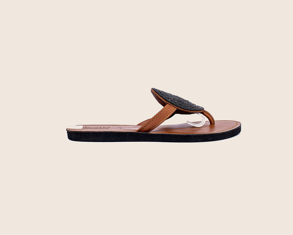 Malindi sandals in Caramel smooth leather with black Maasai beads.