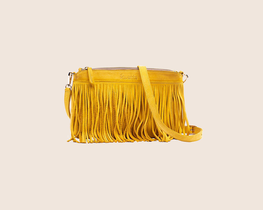 Fringe crossbody handcrafted in golden yellow hunting suede