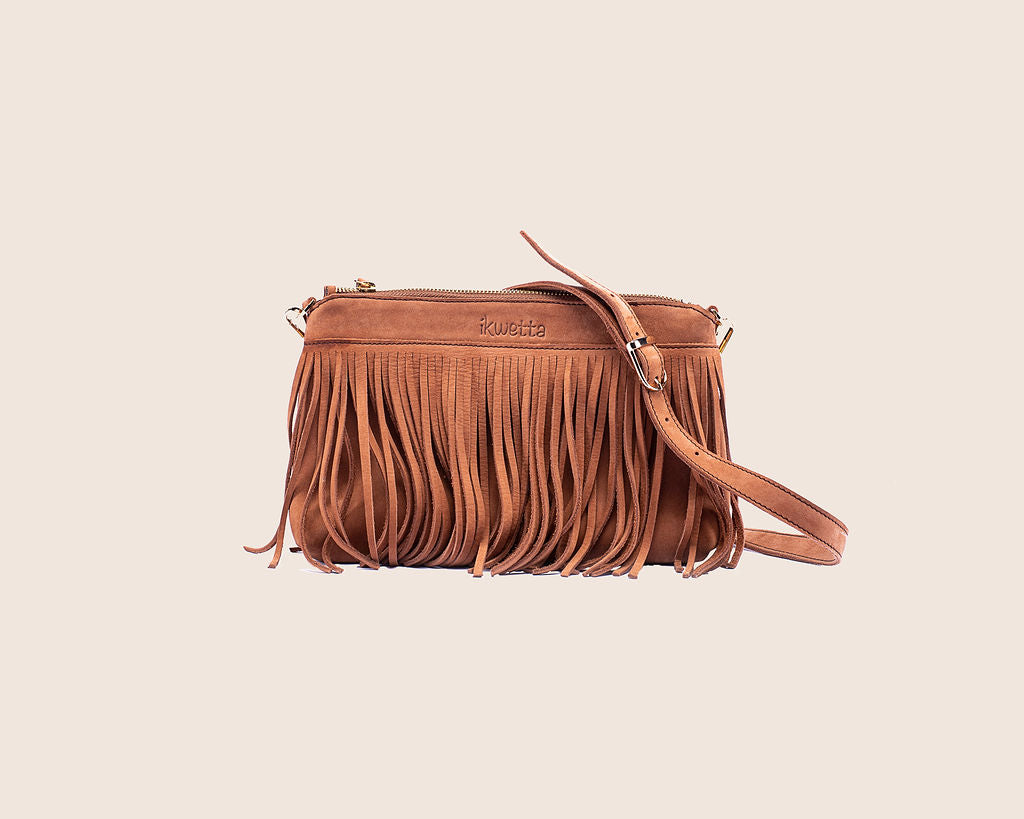Fringe crossbody handcrafted in rocky road hunting suede