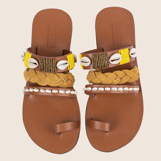 Madden sandals in Caramel smooth leather and Maasai beaded upper straps